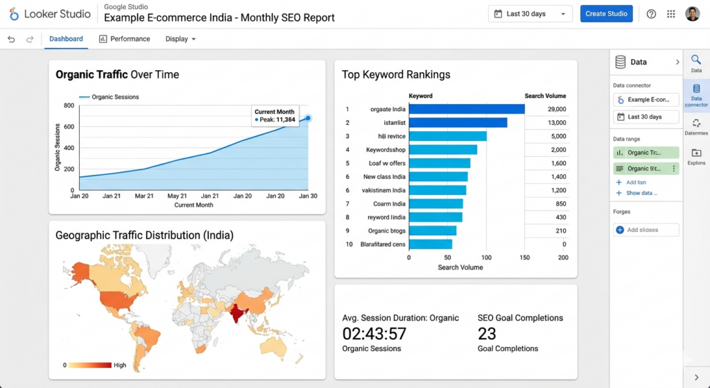 Looker Studio dashboard example showing organic traffic and keyword rankings.