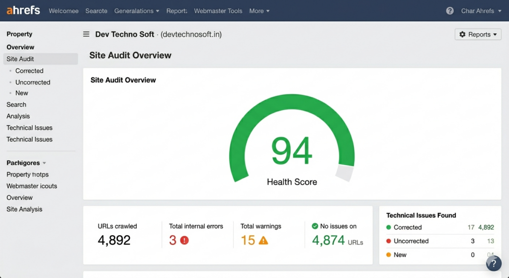 Ahrefs Webmaster Tools site audit health score overview.