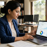 Professional SEO strategist analyzing data on a laptop for an SEO report.
