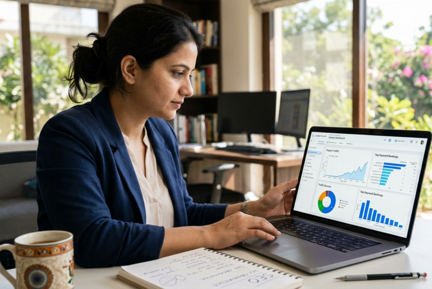 Professional SEO strategist analyzing data on a laptop for an SEO report.