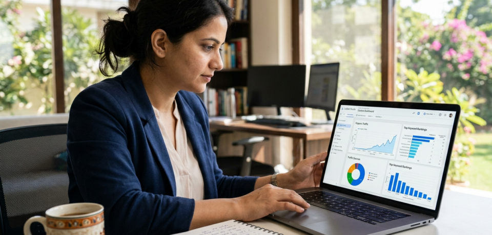 Professional SEO strategist analyzing data on a laptop for an SEO report.
