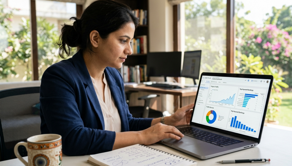 Professional SEO strategist analyzing data on a laptop for an SEO report.