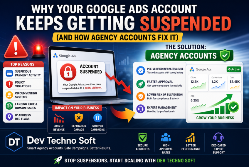 why Google Ads account keeps getting suspended and how agency accounts fix it by Dev Techno Soft