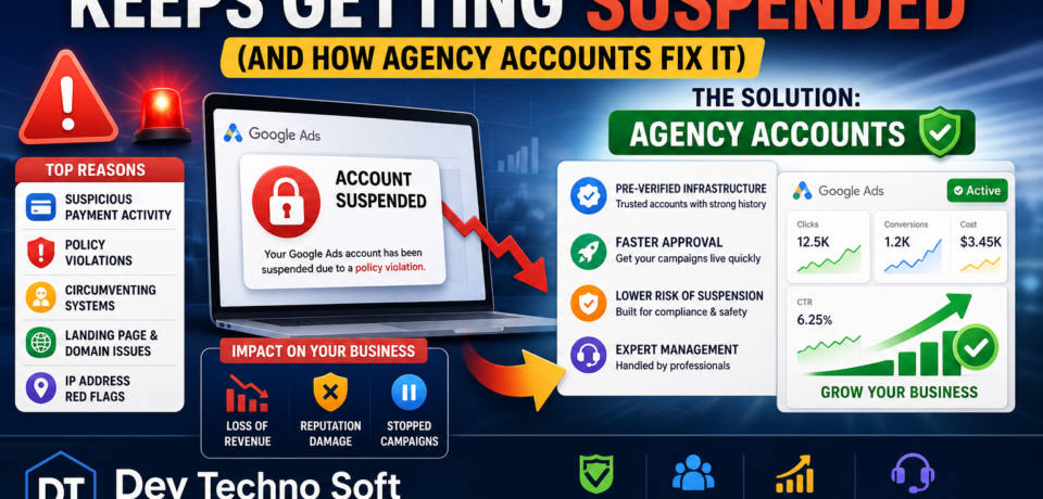 why Google Ads account keeps getting suspended and how agency accounts fix it by Dev Techno Soft