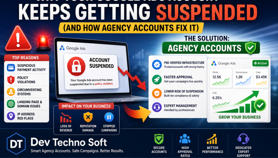 why Google Ads account keeps getting suspended and how agency accounts fix it by Dev Techno Soft