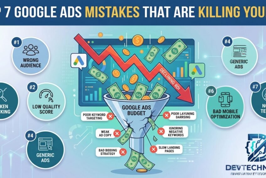 Google Ads mistakes causing declining ROI funnel visualization by Dev Techno Soft