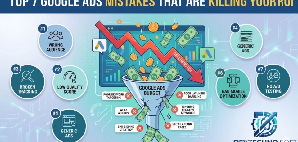 Google Ads mistakes causing declining ROI funnel visualization by Dev Techno Soft