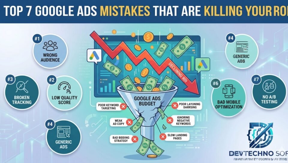 Google Ads mistakes causing declining ROI funnel visualization by Dev Techno Soft