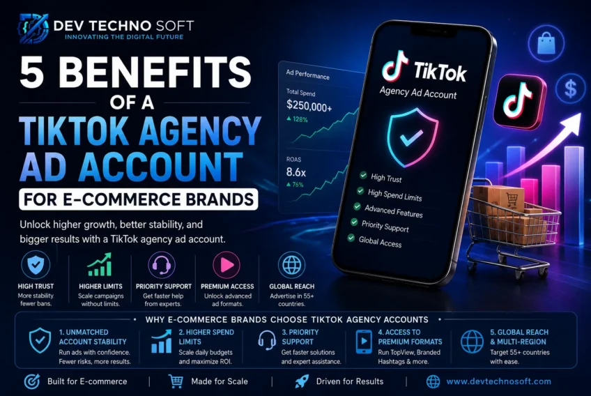 Dev Techno Soft TikTok agency ad account solution helping e-commerce brands scale ads with higher spend limits and premium support.