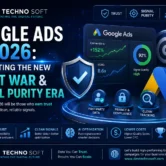 Dev Techno Soft infographic explaining Google Ads 2026 trust war, signal purity, AI optimization, and clean conversion tracking strategies.