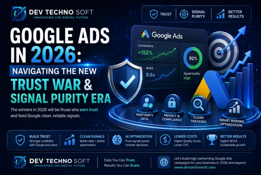 Dev Techno Soft infographic explaining Google Ads 2026 trust war, signal purity, AI optimization, and clean conversion tracking strategies.