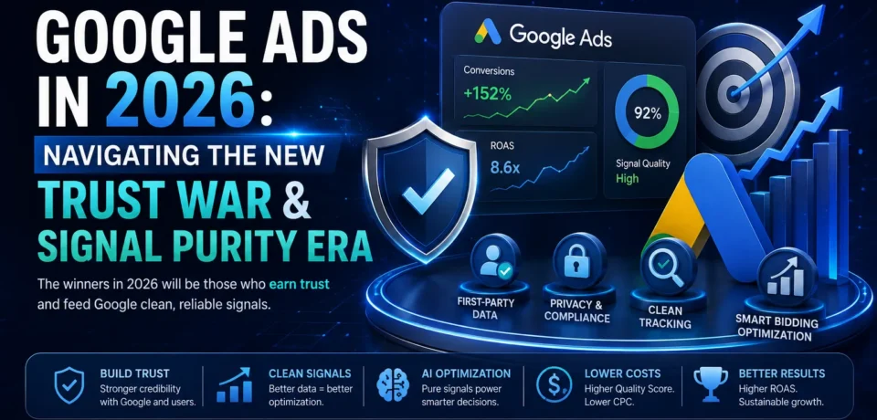 Dev Techno Soft infographic explaining Google Ads 2026 trust war, signal purity, AI optimization, and clean conversion tracking strategies.
