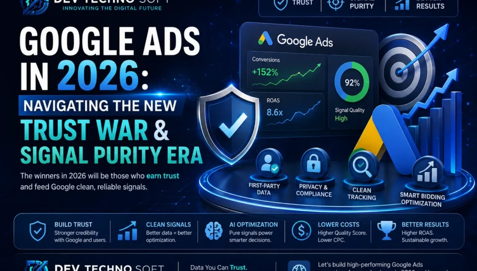 Google Ads in 2026: Trust War & Signal Purity Era Dev Techno Soft infographic explaining Google Ads 2026 trust war, signal purity, AI optimization, and clean conversion tracking strategies.