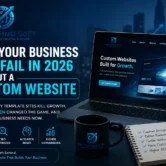 Custom website development illustration showing a high-performance business website on a laptop, highlighting SEO optimization, AI search readiness, Core Web Vitals, and business growth strategies by Dev Techno Soft.