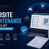 Website maintenance checklist infographic showing security, performance, backups, and SEO tasks organized by frequency for business owners