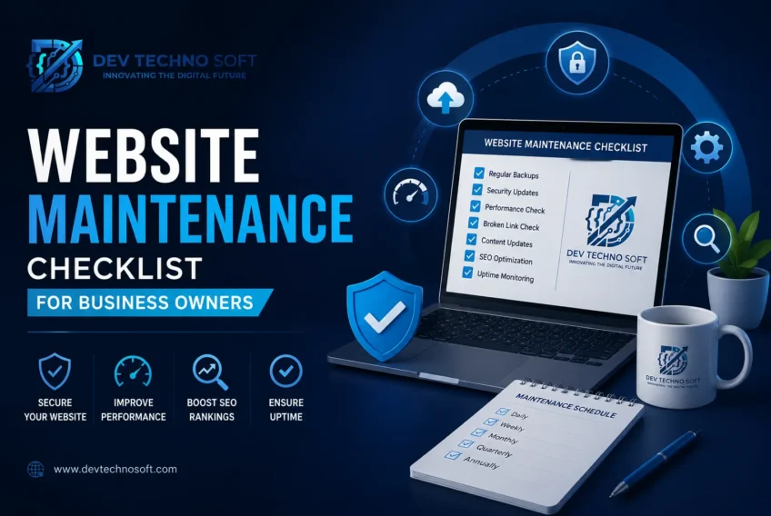 website-maintenance-checklist-business-owners.webp Website maintenance checklist infographic showing security, performance, backups, and SEO tasks organized by frequency for business owners