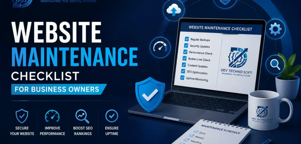 Website maintenance checklist infographic showing security, performance, backups, and SEO tasks organized by frequency for business owners