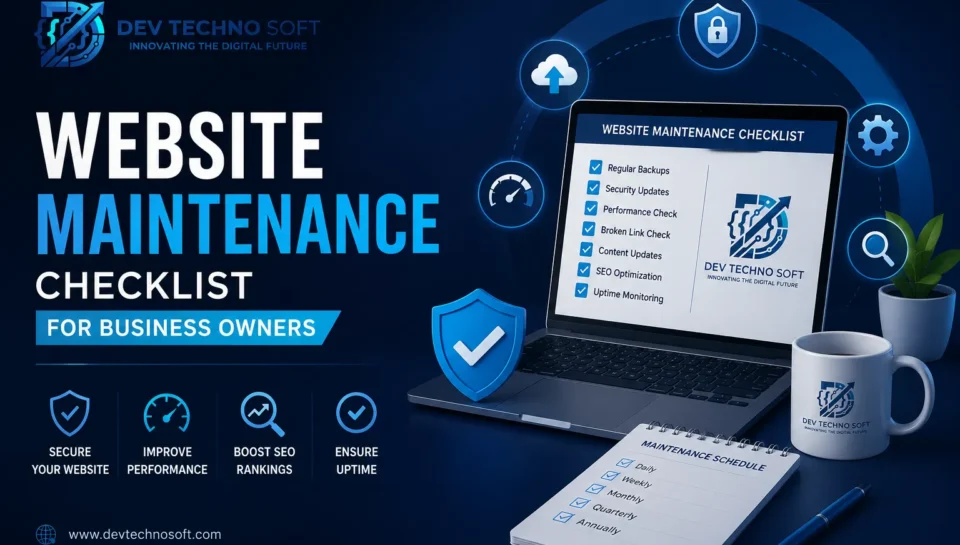 Website maintenance checklist infographic showing security, performance, backups, and SEO tasks organized by frequency for business owners