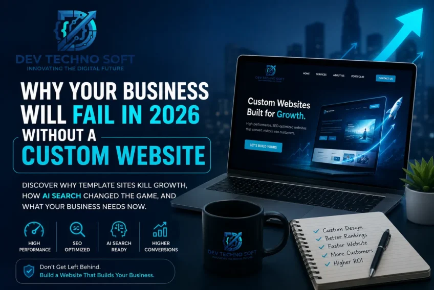 Why Your Business Will Fail in 2026 Without a Custom Website | Dev Techno Soft Custom website development illustration showing a high-performance business website on a laptop, highlighting SEO optimization, AI search readiness, Core Web Vitals, and business growth strategies by Dev Techno Soft.