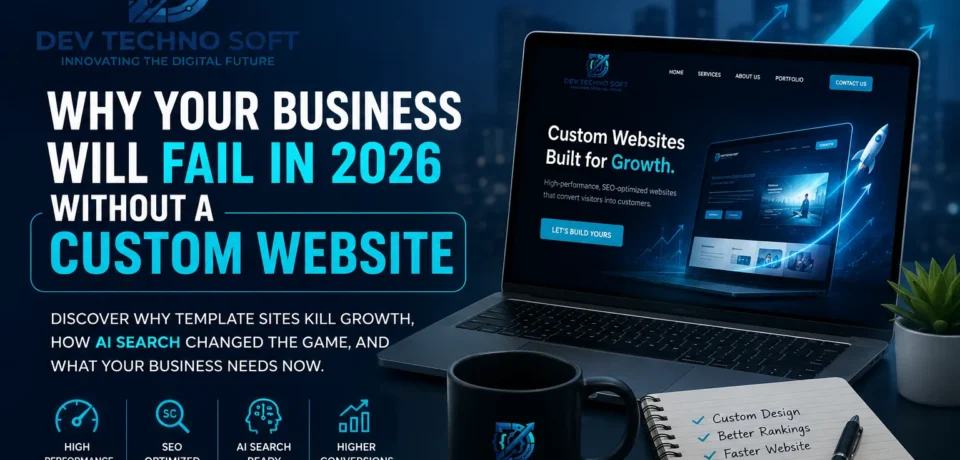 Custom website development illustration showing a high-performance business website on a laptop, highlighting SEO optimization, AI search readiness, Core Web Vitals, and business growth strategies by Dev Techno Soft.