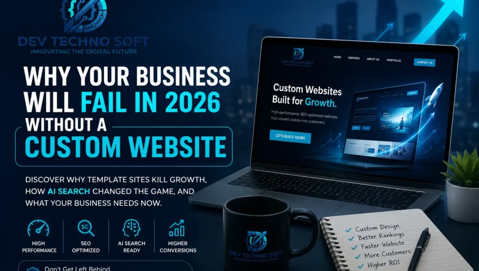 Custom website development illustration showing a high-performance business website on a laptop, highlighting SEO optimization, AI search readiness, Core Web Vitals, and business growth strategies by Dev Techno Soft.